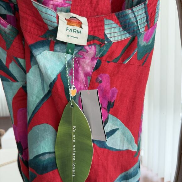 Farm Rio Dress XL Red Floral 100% Linen Tropical Summer Foliage Mini Resort - Picture 7 of 13